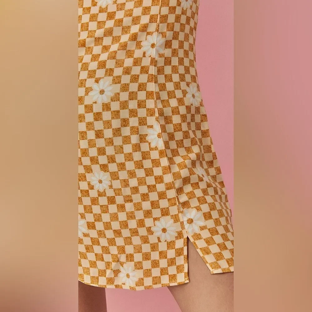 UO XS Lumi Daisy Gold Beige Check Print Spaghetti Strap Mini Bodycon Dress